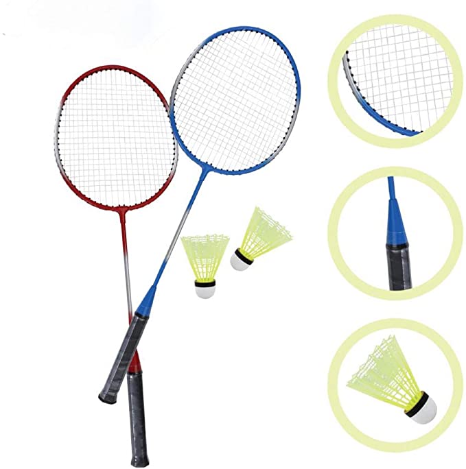 ADEPTNA 4 Player Complete Badminton Racket Set With Shuttlecock Size Metal Pole – One Net – Two Ropes And a Carry Bag - Ideal for Family Outdoor Garden Games