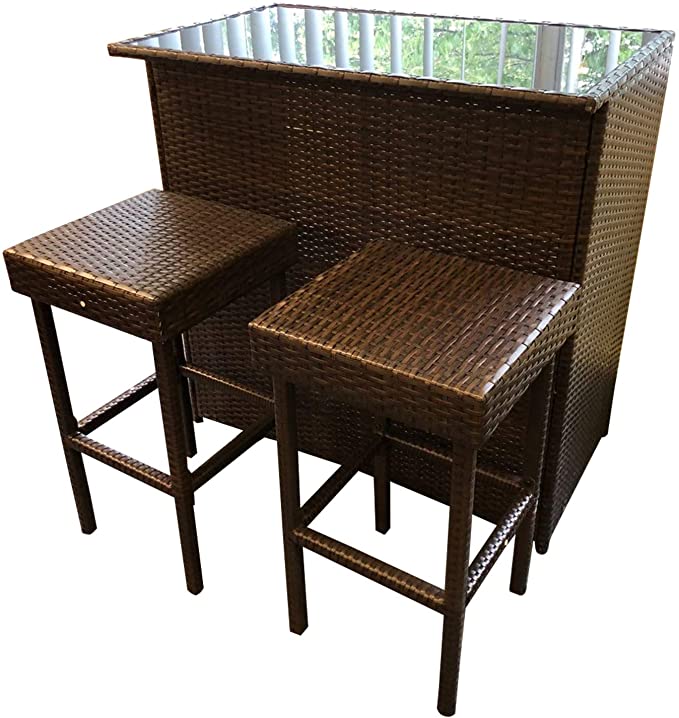 Chusstang 3PCS Rattan Bar Set Wicker Outdoor Indoor Table & 2 Stools