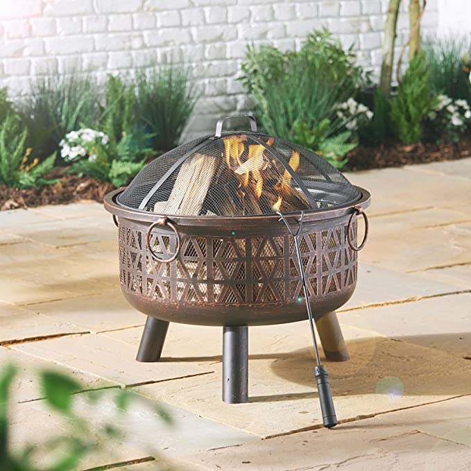 VonHaus Geo Fire Pit Bowl with Spark Guard & Poker